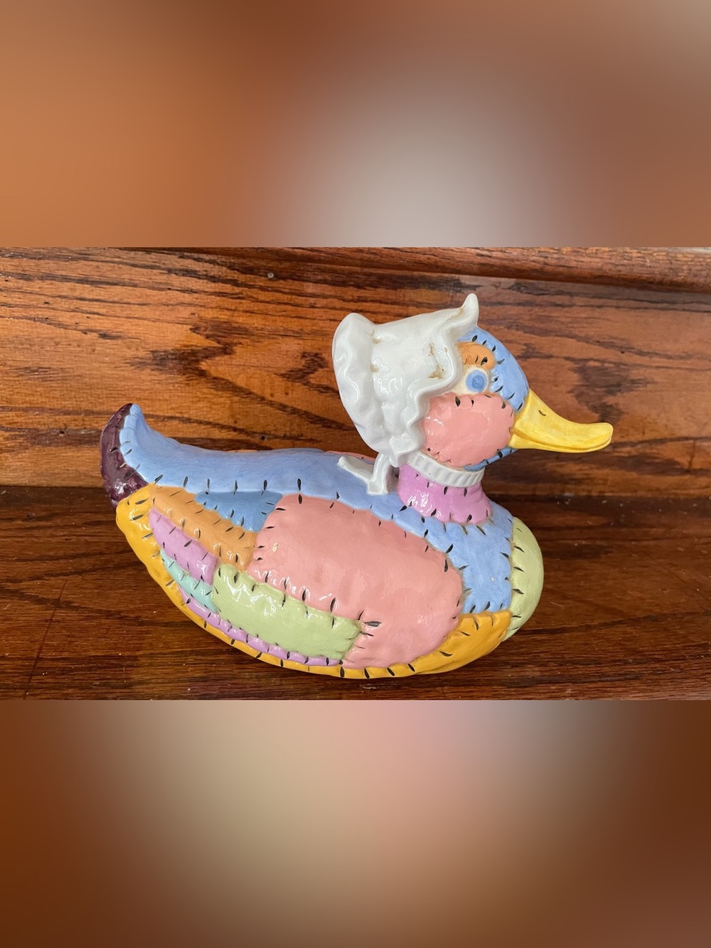 Vintage Folk Art Patchwork Duck Figurine Hand Painted Country Decor Signed 1981